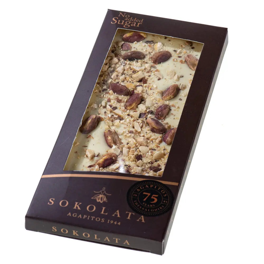 Ciocolata alba fara zahar cu fistic, 100g Bacania Rod