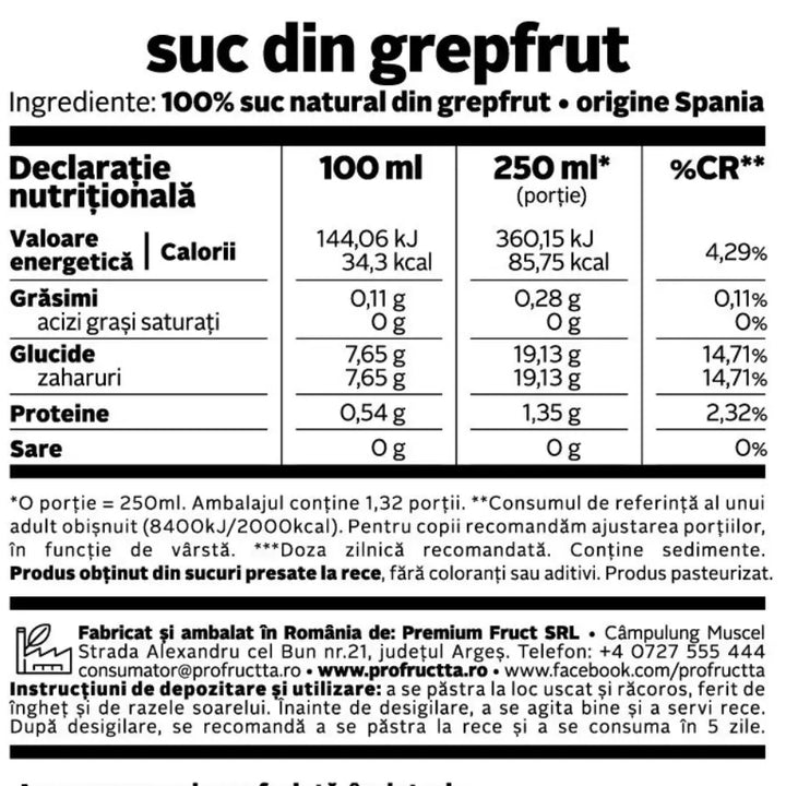 Suc din grepfrut,330ml - Profructta Bacania ROD