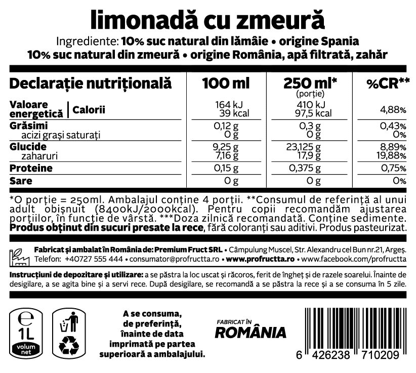 Limonadă cu zmeură, 1L Bacania Rod